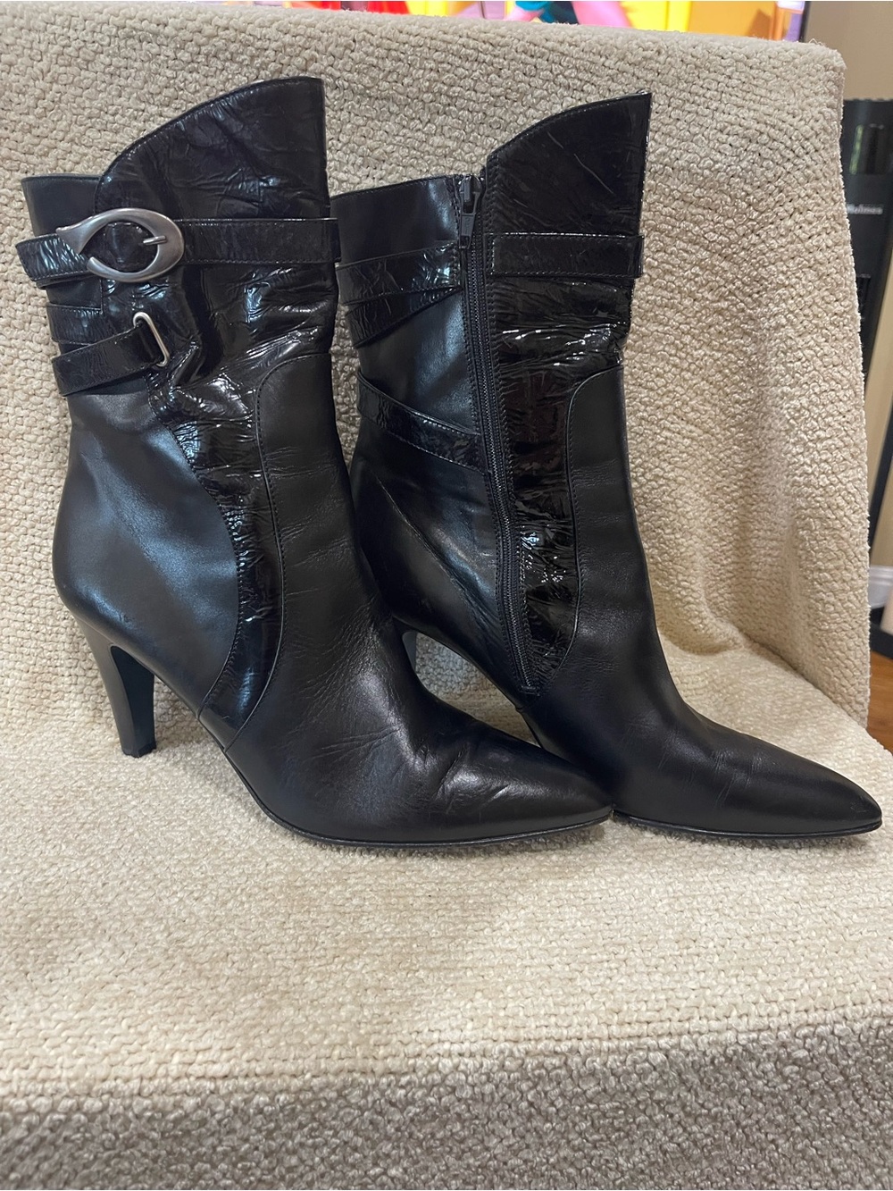 Biala Black Leather Pointed-Toe Stiletto Heels